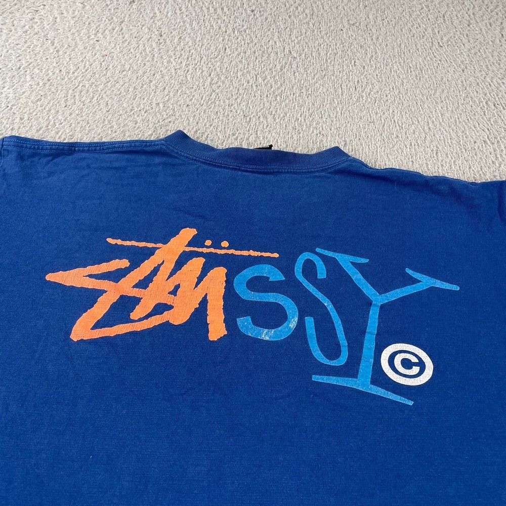 Vintage 2000s Stussy Graphic T Shirt Blue Men's L Y2K Big Logo Double Graphic * - Picture 7 of 12
